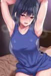  1girl armpits arms_up bare_arms bare_shoulders black_hair blush breasts collarbone commentary_request huyumitsu large_breasts looking_at_viewer open_mouth original purple_eyes short_hair sitting sleeveless solo 