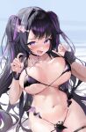  1girl absurdres bikini black_bikini black_hair blush breasts character_request choyeon copyright_request demon_tail highres large_breasts long_hair looking_at_viewer multicolored_hair nail_polish navel purple_eyes purple_hair solo swimsuit tail thigh_strap twintails two-tone_hair wet 