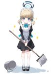  1girl age_regression aged_down blonde_hair blue_archive blue_eyes bucket bucket_spill halo highres holding holding_mop looking_at_viewer maid maid_headdress mop shoes socks solo solo_focus spill toki_(blue_archive) twintails umou_(may65879) white_socks 