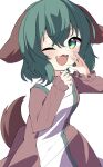  1girl animal_ears blush dog_ears dog_tail dress fang green_eyes green_hair gumi_9357 hair_between_eyes highres kasodani_kyouko long_sleeves looking_at_viewer one_eye_closed open_mouth pink_dress short_hair simple_background smile solo tail touhou upper_body white_background 