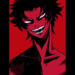  black_hair devilman devilman_crybaby evil_smile fudou_akira glowing glowing_eyes highres male_focus red_background sharp_teeth smile teeth topless_male 