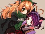  2girls ? animal_ears antennae arthropod_girl blush brown_background brown_kimono cat_ears closed_mouth commentary_request cross-shaped_pupils cz2128_delta double_bun entoma_vasilissa_zeta extra_pupils eyepatch fangs gloves green_eyes green_gloves green_scarf hair_bun japanese_clothes kemonomimi_mode kimono long_hair looking_at_another maid maid_headdress monster_girl multiple_girls orange_hair overlord_(maruyama) parted_lips poppu purple_hair red_eyes scarf short_hair simple_background sketch skin_fangs smile sweatdrop symbol-shaped_pupils 