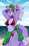 2023 anthro artist_name beach big_breasts bikini black_nose breasts canid canine canis cheek_tuft choker cleavage clothed clothing cloud ear_piercing ear_ring eyebrows eyelashes eyeshadow facial_tuft female five_nights_at_freddy&#039;s five_nights_at_freddy&#039;s:_security_breach fur green_highlights hair hands_behind_head hi_res highlights_(coloring) jewelry jollysart legs_together makeup mammal midriff navel necklace outside piercing pink_hair pose purple_body purple_fur ring_piercing roxanne_wolf_(fnaf) sand scottgames seaside sky solo standing steel_wool_studios swimwear tuft water wolf 