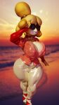  2021 3d_(artwork) animal_crossing anthro beach_background bell bell_collar big_breasts blonde_hair bottomwear breasts canid canine canis cleavage clothed clothing collar curvy_figure digital_media_(artwork) domestic_dog eyewear female footwear fur hair hi_res hourglass_figure isabelle_(animal_crossing) latex latex_armwear looking_at_viewer mammal multicolored_body multicolored_fur nintendo orange_clothing orange_topwear palisal pants pattern_clothing pattern_topwear red_clothing red_collar red_footwear red_latex red_shoes shih_tzu shoes small_waist solo standing sunglasses tan_bottomwear tan_clothing tan_pants thick_thighs toeless_footwear toeless_shoes topwear toy_dog two_tone_body two_tone_fur wearing_sunglasses white_body white_fur wide_hips yellow_body yellow_fur 
