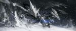  1boy absurdres black_jacket card dragon duel_disk duel_monster highres holding holding_card impasto jacket leo-dont-want-to-be-a-painter outstretched_arm snow storm trishula_dragon_of_the_ice_barrier yu-gi-oh! 