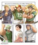  american_football_uniform animal_ears arm_hair bara blonde_hair blush brown_eyes brown_hair clenched_hand closed_eyes closed_mouth collared_shirt commentary covered_abs cow_boy cow_ears cow_horns crossed_arms exio_(live_a_hero) eye_black facial_hair fake_animal_ears feather_necklace fiery_horns glowing_horns goatee green_eyes green_shirt halo_behind_head hand_on_own_head highres horns ikusaba_daisuke jacob_(housamo) jewelry large_pectorals live_a_hero long_sideburns looking_at_viewer male_focus multiple_drawing_challenge muscular muscular_male necklace open_mouth pectoral_cleavage pectorals pov protagonist_(f-kare) purple_hair red_eyes shirt short_hair short_sleeves shoukan_yuusha_to_f-kei_kareshi sideburns singlet six_fanarts_challenge sleeves_rolled_up smile spiked_hair sportswear sunfight0201 taurus_mask thick_eyebrows tight_clothes tokyo_afterschool_summoners upper_body wakan_tanka white_background white_shirt wrestling_mask wrestling_outfit yamasachihiko_(housamo) 