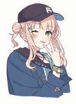  1girl bangs baseball_cap blonde_hair blue_jacket blunt_bangs blush_stickers bracelet green_eyes hand_up hat highres jacket jewelry kaburaki_roco lq_saku nijisanji one_eye_closed simple_background solo tongue tongue_out upper_body virtual_youtuber watch white_background 