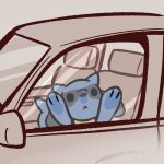  1:1 2023 advos anthro car dot_eyes frown generation_4_pokemon grey_background inside looking_at_viewer male nintendo pokemon pokemon_(species) riolu simple_background solo squish vehicle window 