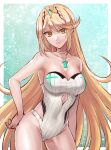  1girl bare_shoulders blonde_hair breasts chest_jewel cleavage closed_mouth commentary_request covered_navel earrings gem hand_on_own_hip hazuki_(nyorosuke) headpiece highres jewelry long_hair looking_at_viewer medium_breasts mythra_(radiant_beach)_(xenoblade) mythra_(xenoblade) official_alternate_costume one-piece_swimsuit ribbed_swimsuit smile solo strapless strapless_swimsuit striped striped_one-piece_swimsuit swept_bangs swimsuit tiara vertical-striped_one-piece_swimsuit vertical_stripes very_long_hair white_one-piece_swimsuit xenoblade_chronicles_(series) xenoblade_chronicles_2 yellow_eyes 