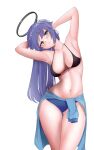 1girl absurdres armpits arms_up black_bra blue_archive blue_buruma blue_eyes blush bra breasts buruma cleavage closed_mouth clothes_around_waist collarbone commentary_request halo highres leaning_to_the_side long_hair medium_breasts navel no_shirt pang_(daty8882) purple_hair shirt shirt_around_waist simple_background solo standing stomach thigh_gap underwear white_background yuuka_(blue_archive) yuuka_(gym_uniform)_(blue_archive) 