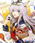  1girl ahoge animal_ears bag blue_eyes chicken_leg doughnut food food_on_face grey_hair hair_between_eyes happy_birthday highres hikawayunn holding holding_food horse_ears jacket long_hair long_sleeves looking_at_viewer neckerchief oguri_cap_(umamusume) onigiri open_mouth paper_bag red_neckerchief sailor_collar shirt smile solo turtleneck umamusume upper_body white_jacket white_shirt 