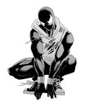  1boy absurdres commentary full_body greyscale highres hood hoodie male_focus marvel monochrome muscular muscular_male scarlet_spider shoes sleeveless sleeveless_hoodie sneakers solo spider-man_(series) squatting superhero xyanaid 