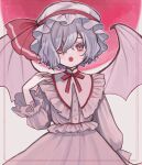  1girl bat_wings blush buttons commentary fangs grey_hair hair_between_eyes hat hat_ribbon long_sleeves looking_at_viewer mob_cap open_mouth pink_shirt pink_skirt red_eyes red_ribbon remilia_scarlet ribbon shirt short_hair skirt solo symbol-only_commentary touhou upper_body white_headwear wings yujup 