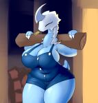  3_fingers anthro big_breasts breasts clothing curvy_figure female fingers fluffolio horn overalls rimworld simple_background small_tail solo standing tail thick_thighs thrumbo wheat wide_hips 