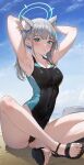  1girl animal_ear_fluff animal_ears armpits arms_behind_head arms_up bare_shoulders beach blue_archive blue_eyes blue_one-piece_swimsuit blue_sky blush breasts cleavage collarbone commentary_request competition_swimsuit covered_navel cross_hair_ornament day extra_ears feet grey_hair hair_ornament halo highres indian_style looking_at_viewer medium_breasts medium_hair mhk_(mechamania) multicolored_clothes multicolored_swimsuit official_alternate_costume one-piece_swimsuit outdoors sandals shiroko_(blue_archive) shiroko_(swimsuit)_(blue_archive) short_ponytail sitting sky solo swimsuit toenails toes wet wolf_ears 