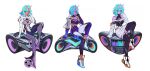  1girl alternate_color black_thighhighs blue_hair boombox breasts cleavage colored_skin concept_art dress full_body green_hair highres horns liyart logo long_hair looking_at_viewer multicolored_hair octavia_(omega_strikers) official_art omega_strikers orange_skin ponytail purple_hair purple_skin simple_background sitting skirt solo thighhighs two-tone_hair white_background white_dress white_footwear yellow_eyes 