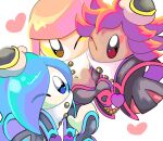  3girls blue_hair disembodied_limb flamberge_(kirby) francisca_(kirby) hakaba_(ksni_tbn) hand_on_another&#039;s_head heart highres kirby:_star_allies kirby_(series) looking_at_viewer multiple_girls one_eye_closed red_hair zan_partizanne 