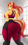  absurd_res big_butt blonde_hair blue_eyes butt clothing equestria_girls equid equine friendship_is_magic fur hair hasbro hi_res horn mammal my_little_pony red_hair sunset_shimmer_(eg) tight_clothing transfaled_(fwexz) unicorn yellow_body yellow_fur 