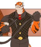 2023 anthro belt biceps biped bottomwear brown_body brown_fur brown_stripes clothed clothing digital_media_(artwork) dingding_(artist) epic_games eyebrows felid fortnite fully_clothed fur hi_res holding_object holding_weapon male mammal muscular muscular_anthro muscular_male necktie orange_body orange_fur oscar_(fortnite) pantherine pants pecs shirt solo striped_body striped_fur stripes tail tiger topwear vest weapon white_body white_fur 