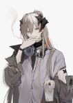  1girl absurdres arknights bracelet cigarette collared_shirt commentary cowboy_shot cup earrings grey_hair grey_jacket grey_shirt hair_between_eyes head_tilt headphones headphones_around_neck highres holding holding_cigarette holding_cup horns jacket jewelry joshua_(shisanli934) long_hair looking_at_viewer off_shoulder open_collar orange_eyes partially_unbuttoned ponytail saria_(arknights) shirt short_sleeves sidelocks simple_background smoke_trail smoking solo stud_earrings turtleneck white_background 