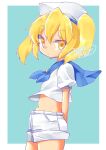  1girl blonde_hair blue_background blue_neckerchief blue_sailor_collar border cowboy_shot hat highres kitashirakawa_chiyuri medium_hair midriff navel neckerchief puffy_short_sleeves puffy_sleeves sailor_collar sailor_hat sailor_shirt shirt short_sleeves shorts solo suzu_keika touhou touhou_(pc-98) two_side_up white_border white_headwear white_shirt white_shorts yellow_eyes 