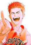  1boy :d absurdres basketball_jersey bishounen black_eyes earrings hechu_237 highres jewelry looking_at_another male_focus open_mouth pointing red_hair red_tank_top sakuragi_hanamichi sharp_teeth short_hair slam_dunk_(series) smile solo stud_earrings sweatdrop tank_top teeth toned toned_male white_background 