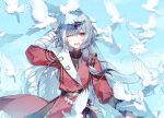  1girl absurdres alternate_costume belt bird breasts chinese_clothes chinese_commentary earrings fu_hua fu_hua_(herrscher_of_sentience) grey_hair hair_between_eyes highres honkai_(series) honkai_impact_3rd jewelry light_smile long_hair long_sleeves looking_at_viewer red_sleeves saya_atang single_earring small_breasts solo standing upper_body very_long_hair white_bird white_dove winking_(animated) yellow_pupils 