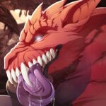  1:1 black_lips bodily_fluids capcom eyelashes fanged_wyvern fangs female feral glowing glowing_eyes headshot_portrait hi_res lips monster_hunter odogaron portrait pyc-art red_body saliva scales sharp_teeth solo teeth thick_bottom_lip tongue tongue_out 