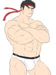  1boy adam&#039;s_apple bara black_hair briefs bulge covered_penis crossed_arms frown fugur6_fugur9 headband highres looking_ahead male_focus male_underwear muscular muscular_male navel nipples pectorals ryu_(street_fighter) sanpaku short_hair solo stomach street_fighter thick_eyebrows thick_thighs thighs topless_male underwear 