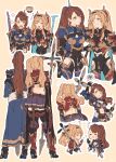  !? 2girls arm_up armor beatrix_(granblue_fantasy) blonde_hair blue_eyes boots brown_hair cleavage_cutout clothing_cutout commentary from_behind granblue_fantasy greaves high_heel_boots high_heels highres hip_vent holding holding_polearm holding_sword holding_weapon long_skirt miniskirt multiple_girls navel pauldrons polearm ponytail shimatani_azu shoulder_armor skirt spear sweatdrop sword twintails weapon zeta_(granblue_fantasy) 