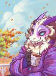 anthro autumn beverage black_sclera chubby_female clothing cloud container cup dragon fangs female fluffy fur half-length_portrait hi_res horn jacket kaorisorahoshi leaf looking_at_viewer multicolored_body multicolored_fur outside plant portrait sabertooth_(anatomy) slightly_chubby smile smiling_at_viewer solo sweater teeth topwear tree wickerbeast 