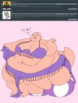  2018 3:4 3_toes anthro ask_blog ball batspid2 beach_ball bedlah belly_dancer belly_dancer_outfit big_breasts biped breasts clothing dialogue digital_drawing_(artwork) digital_media_(artwork) english_text eyebrows eyelashes feet female flabby_arms flat_colors frill_(anatomy) head_crest head_frill holding_clothing holding_object huge_belly huge_breasts huge_thighs inflatable juna_(batspid2) lizard membrane_(anatomy) membranous_frill midriff morbidly_obese morbidly_obese_anthro morbidly_obese_female navel obese obese_anthro obese_female open_mouth overweight overweight_anthro overweight_female pink_body pink_skin purple_clothing purple_eyes question reptile scalie simple_background sitting smile solo tail text thick_thighs tight_clothing toes wide_hips 