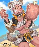  2021 animal_humanoid arm_guards big_breasts blonde_highlights bone boots bottomwear breasts clothing collar eating fang_honebuchi fang_honebuchi_(artist) female food food_on_face footwear hair happy highlights_(coloring) humanoid hyena hyena_humanoid inner_ear_fluff jacket japanese_text jewelry mammal mammal_humanoid meat muscular muscular_female necklace one_eye_closed red_eyes sharp_teeth shaved_sides silver_hair solo tanned_skin teeth text topwear tuft vtuber wink 