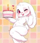  3_fingers 3_toes ambiguous_gender anthro barefoot birthday birthday_cake blush buckteeth butt cake candle chest_tuft dessert digital_media_(artwork) feet female_(lore) fingers food fruit fur hair hi_res holding_food holding_object kionant lagomorph leporid looking_at_viewer mammal navel nude one_eye_closed open_mouth pink_eyes pink_nose plant pose rabbit simple_background smile solo standing strawberry tail teeth toes tongue tuft white_body white_fur wink winking_at_viewer 