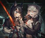  2girls ahoge animal_ear_fluff animal_ears arknights bandeau black_capelet black_gloves black_hair black_jacket blood blue_eyes breasts capelet cigarette cleavage commentary_request fingerless_gloves gloves grey_gloves grey_hair hair_ornament hairclip highres holding holding_cigarette holding_lighter holding_sword holding_weapon id_card indoors jacket lappland_(arknights) lighter long_hair long_sleeves midriff multiple_girls mwomwomwo navel open_clothes open_jacket scar scar_across_eye sharp_teeth stomach strapless sword teeth texas_(arknights) tube_top upper_body weapon white_jacket wolf_ears 