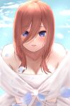  1girl absurdres bare_shoulders blue_eyes blue_petals breasts brown_hair cloud collarbone dress gloves go-toubun_no_hanayome hair_between_eyes highres likuo long_hair nakano_miku sky solo strapless strapless_dress twitter_username upper_body wedding_dress white_dress white_gloves 