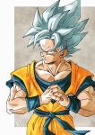  1boy blue_eyes blue_hair commentary cracking_knuckles dougi dragon_ball dragon_ball_super furrowed_brow highres kakeru_(dbskakeru) large_pectorals looking_to_the_side male_focus muscular muscular_male pectorals serious signature solo son_goku super_saiyan super_saiyan_blue upper_body 