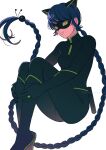  animal_ears black_bodysuit black_footwear blue_hair bodysuit boots braid braided_ponytail breasts cat_ears chat_noir closed_mouth colored_sclera eye_mask eyelashes fake_animal_ears feet_out_of_frame fingernails floating_hair green_sclera hibidaikansya2 hugging_own_legs invisible_chair jewelry knee_boots knees_up long_hair looking_at_viewer marinette_dupain-cheng miraculous_ladybug ring sharp_fingernails sidelocks simple_background single_braid sitting slit_pupils smile twitter_username very_long_hair white_background yellow_eyes 