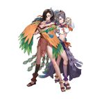  2girls absurdres bead_necklace beads breasts brown_eyes brown_hair cleavage commentary_request ekao feet fire_emblem fire_emblem_fates fire_emblem_heroes hand_up highres jewelry kagero_(fire_emblem) kagero_(winds_offered)_(fire_emblem) large_breasts legs looking_at_viewer midriff multiple_girls necklace official_alternate_costume official_art orochi_(fire_emblem) orochi_(winds_offered)_(fire_emblem) pelvic_curtain pinwheel_hair_ornament purple_eyes purple_hair sandals smile toenails toes white_background 