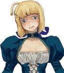  1girl artoria_pendragon_(fate) blonde_hair blue_bow blue_dress blue_eyes bow dress fate/stay_night fate_(series) mossacannibalis open_mouth puffy_sleeves saber sader short_hair simple_background solo white_background 