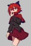  1girl :/ black_shirt blue_bow bow breasts cape commentary_request cowboy_shot cropped_legs grey_background hair_between_eyes hair_bow hand_up high_collar light_blush long_sleeves looking_at_viewer pleated_skirt red_cape red_eyes red_hair red_skirt sekibanki shirt short_hair simple_background skirt small_breasts solo strangenovel touhou 