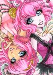  2girls angel_wings blue_eyes chariclo_arganthone_cupid colored_skin dress dual_persona ever_after_high feathered_wings headband heart monster_high multiple_girls pale_skin pandoras-locker pink_dress pink_hair pink_headband pink_lips skeletal_wings smile upside-down white_skin wings 