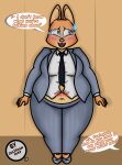  absurd_res anthro black_tie_(suit) blush bodily_fluids business_suit canid canine chubby_female clothing coleman12345 dialogue diane_foxington dreamworks embarrassed english_text eyewear female fox glasses grey_clothing grey_suit hi_res looking_away mammal midriff navel offscreen_character outie_navel overweight overweight_female shirt solo speech_bubble stretched_clothing suit sweat sweatdrop text the_bad_guys topwear wardrobe_malfunction watermark white_clothing white_shirt white_topwear 