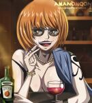  1girl absurdres aged_up alcohol amanomoon arm_tattoo artist_name bottle bracelet cup drinking_glass highres jewelry lipstick makeup nami_(one_piece) necklace one_piece open_mouth orange_hair pearl_necklace red_lips short_hair smile solo sunglasses tattoo web_address wine wine_glass 