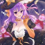  1girl absurdres black_headwear blush bow breasts candy center_frills cleavage dress english_commentary fate_(series) food frills hair_ribbon halloween halloween_costume hat hat_bow highres holding holding_candy holding_food large_breasts long_hair long_sleeves looking_at_viewer matou_sakura muneomon_(takomon) open_mouth orange_bow orange_sleeves pink_bow purple_eyes purple_hair ribbon solo stuffed_toy teeth upper_body 