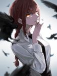 1girl bird black_bird black_necktie braid chainsaw_man collared_shirt feathers hair_between_eyes highres long_hair long_sleeves looking_at_viewer makima_(chainsaw_man) man015s necktie parted_lips red_hair ringed_eyes shirt simple_background single_braid solo upper_body white_shirt yellow_eyes 