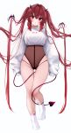  1girl :o absurdres ass_visible_through_thighs bat_(animal) between_legs blush clothes_writing crop_top cropped_sweater demon demon_horns demon_tail full_body hair_between_eyes hair_intakes hair_ornament highres horns kohe_billialot leg_up leotard leotard_under_clothes long_hair looking_at_viewer multicolored_hair open_mouth original red_eyes red_hair see-through see-through_leotard simple_background skindentation socks solo streaked_hair sweater tail tail_between_legs thigh_gap thighs twintails very_long_hair very_long_sleeves white_background white_socks white_sweater 