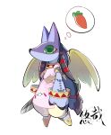  anthro anubismon apron bandai_namco carrot clothing digimon digimon_(species) food fur green_eyes hair_tassels hi_res male plant purple_body purple_fur solo tassels thinking thought_bubble vegetable wings youzaiyouzai112 