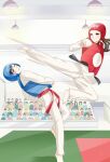  2girls brown_hair chest_guard feet helmet high_kick kicking ma_xiaolan multiple_girls non-web_source official_art shizong_de_xiaohua taekwondo 