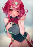  1girl bare_shoulders black_one-piece_swimsuit blurry blurry_background blush breasts chest_jewel collarbone core_crystal_(xenoblade) cowboy_shot depth_of_field eyelashes hand_on_own_chest hands_up highres large_breasts leaning_forward looking_at_viewer medium_hair multicolored_clothes multicolored_swimsuit one-piece_swimsuit open_mouth pyra_(pro_swimmer)_(xenoblade) pyra_(xenoblade) red_eyes red_hair red_one-piece_swimsuit rindoriko sidelocks skindentation solo swept_bangs swimsuit thighs tiara wet xenoblade_chronicles_(series) xenoblade_chronicles_2 